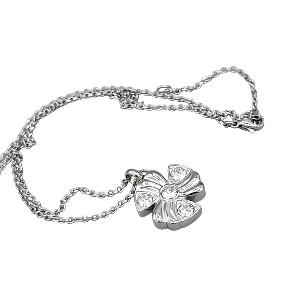 Clover Pendant Necklace with Crystal Accents Silver Tone Chain Length 16"